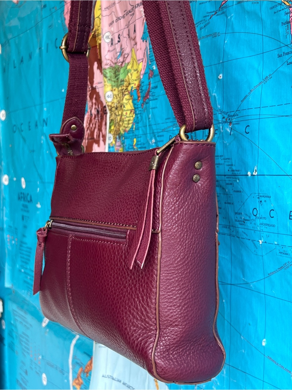 The Sak Plum Leather Wristlet with Aqua Printed Lining